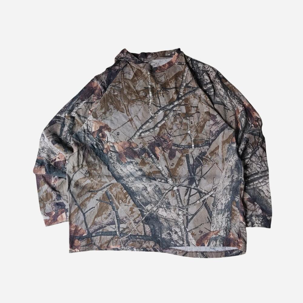 Realtree camo long sleeve shirt with brown, black, and beige tree branch pattern